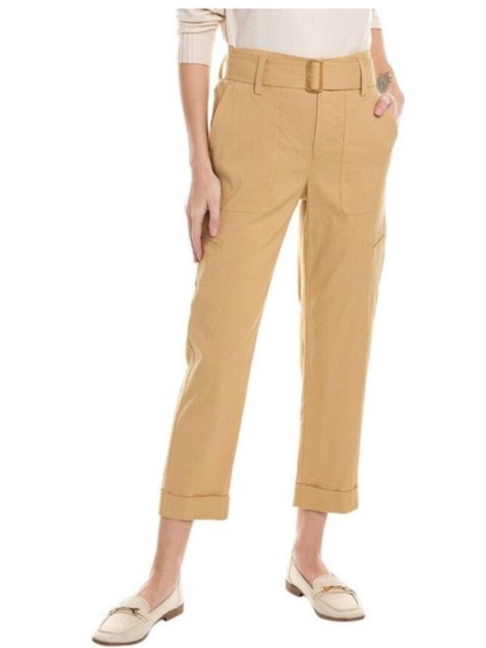 Vince Linen Belted Ankle Pants in Camel